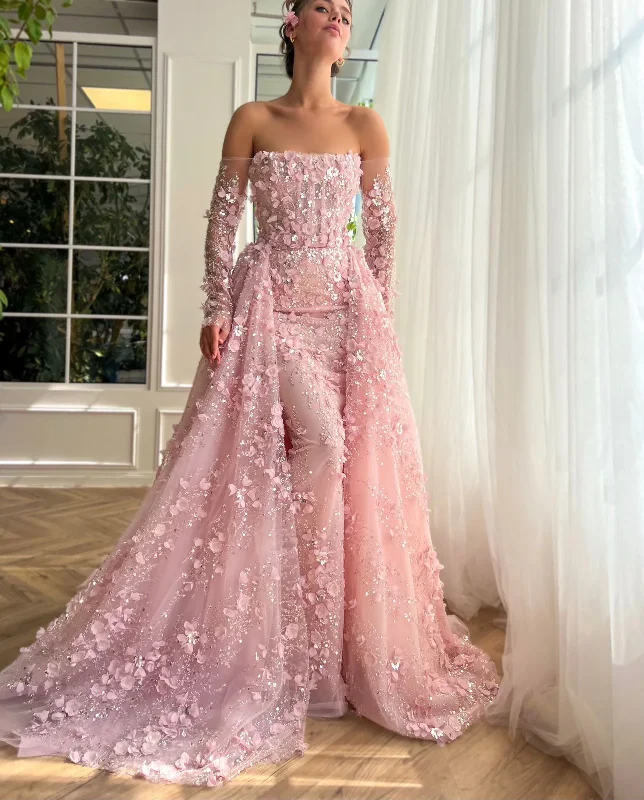 Women's High-Fashion Outfit Elegant 3D Flowers Pink Luxury Dubai Evening Dress with Overskirt Lilac Long Sleeves Women Wedding Party Gown