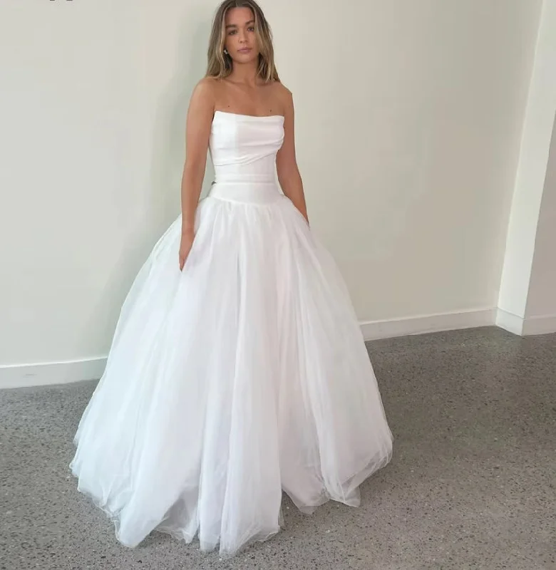 Women's Trendy Attire Elegant Tulle A Line Wedding Dresses For Woman 2024 Strapless Sleeveless Bridal Bride Robe Dress Gowns Vestidos De Novia