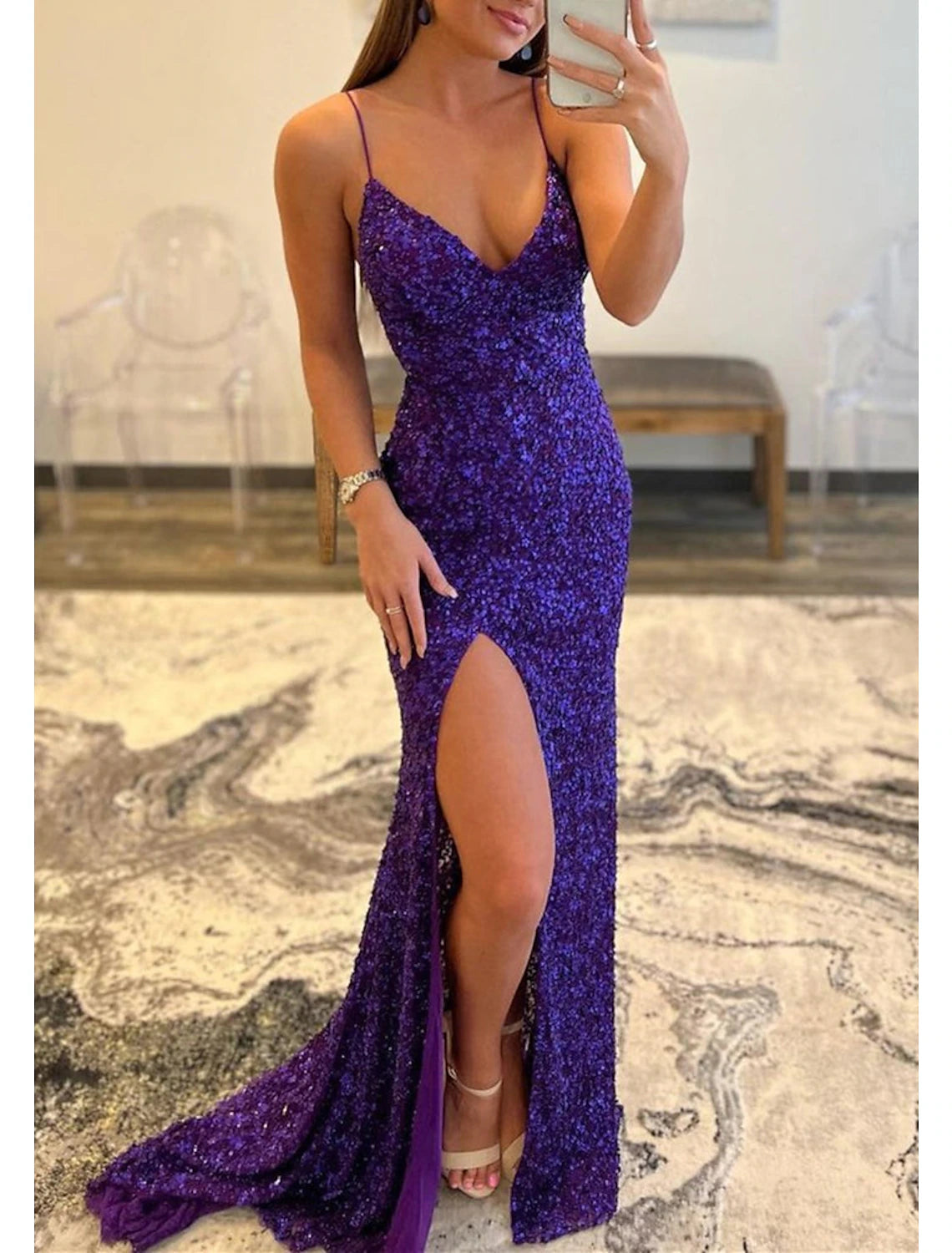 Women's Casual Wear Clothes Mermaid / Trumpet Prom Dresses Sparkle & Shine Dress Formal Wedding Guest Sweep / Brush Train Sleeveless V Neck Sequined Backless with Sequin Slit