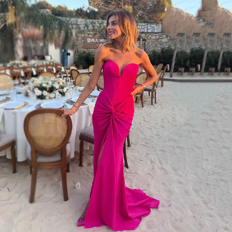 Women's Plus-Size Garments Fuchsia Mermaid Prom Dresses Side Split Evening Gown Woman Pleats Elegant Party Dress Beach Wedding Guest Dress