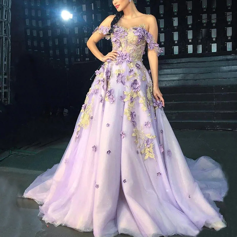 Women's Stylish Outdoor Outfit Lilac Off-shoulder Floral Dream A-line Long With Glitters Prom Dress, PD3368