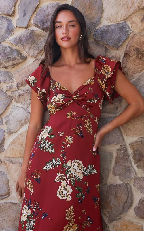 Women's Athletic Outfit In The Sky Maxi Dress - Wine Red Floral