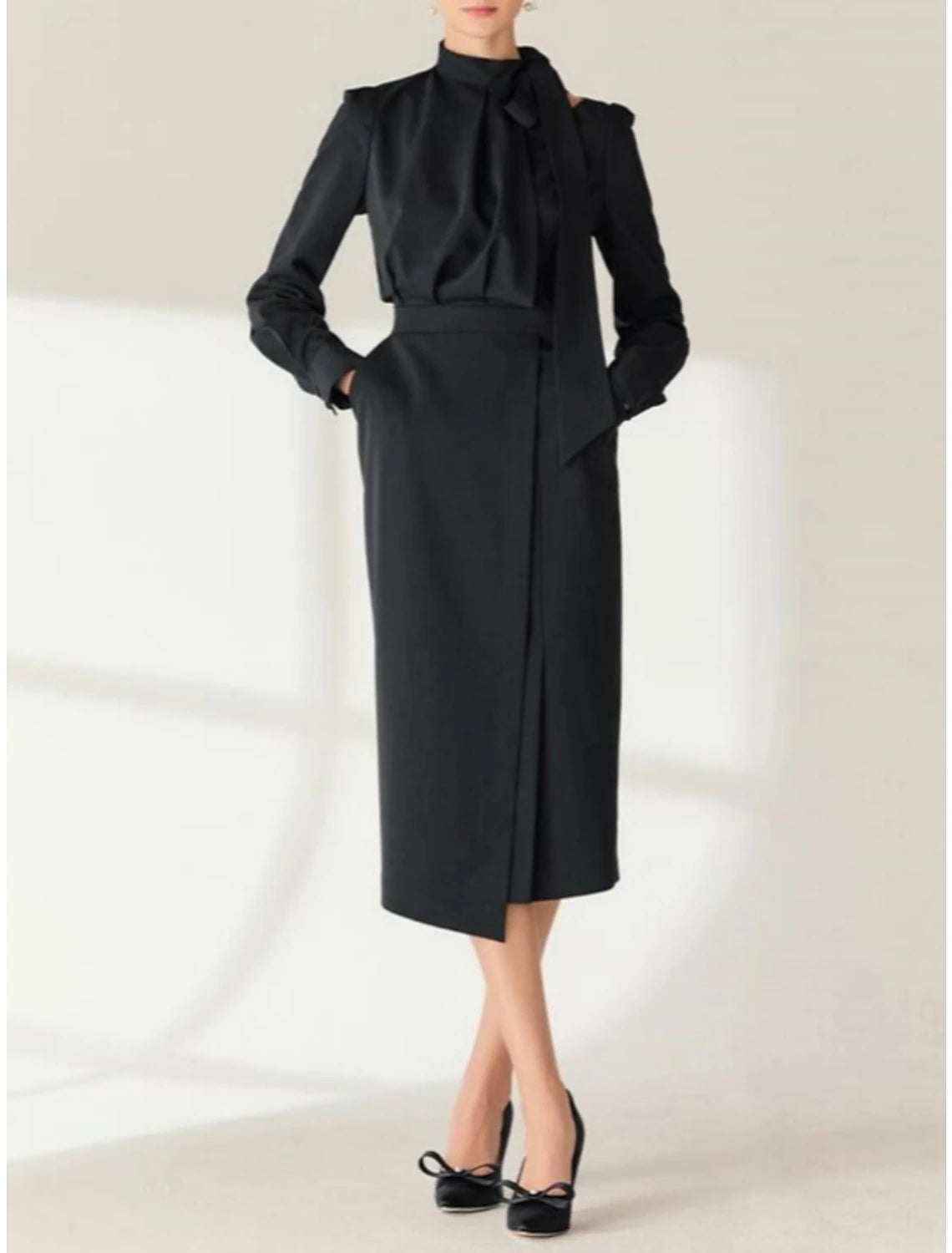 Women's Party Outfit Sheath / Column Mother of the Bride Dress Wedding Guest Elegant Petite High Neck Tea Length Stretch Chiffon Long Sleeve with Bow(s) Split Front Ruching