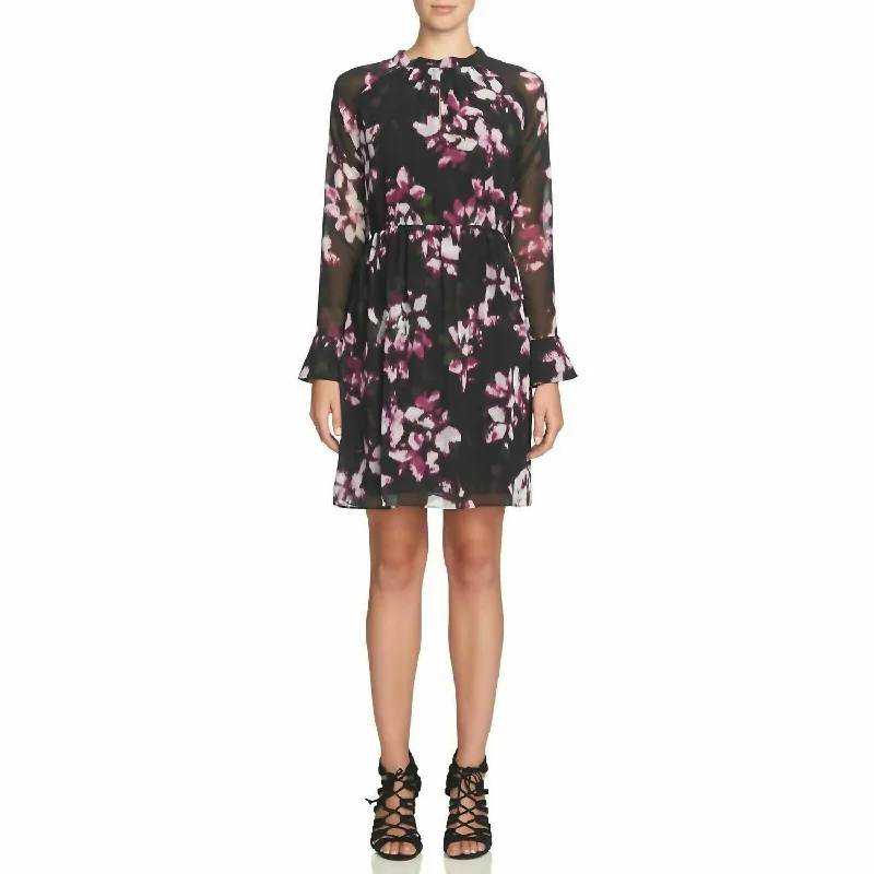 Stylish And Comfortable Clothing For Women Floral Print Chiffon Casual Cocktail Dress In Black