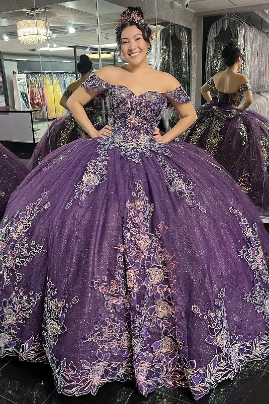 Casual Chic Women's Clothes Glamorous Purple Floral Lace Off-the-Shoulder Quinceanera Gown