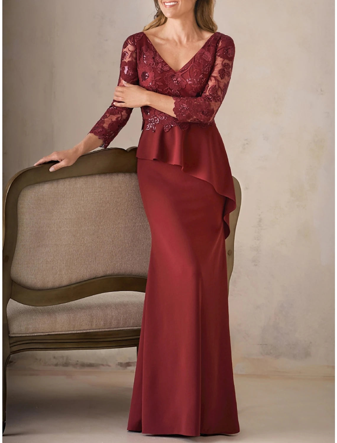 Women's Trendy Clothing Sheath / Column Mother of the Bride Dress Wedding Guest Elegant V Neck Floor Length Satin Long Sleeve with Lace Sequin Ruching