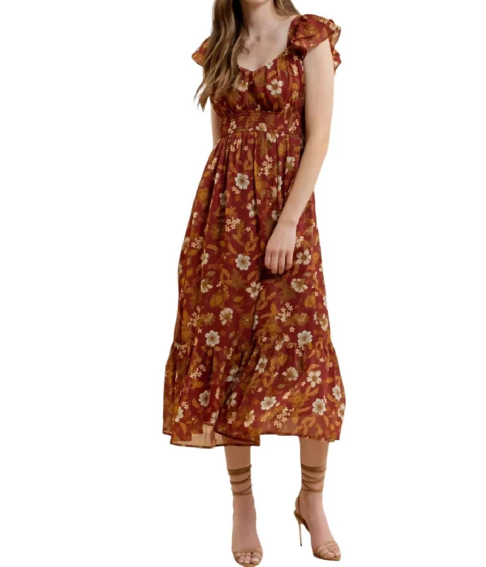 Women's Chic Outerwear Garments Fall Floral Dress In Dark Red