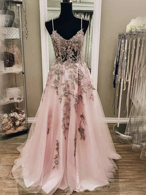 Women's Weekend Outfit Sexy Elegant Blush Pink Floral Spaghetti Strap A-line Long Prom Dress, PD3188