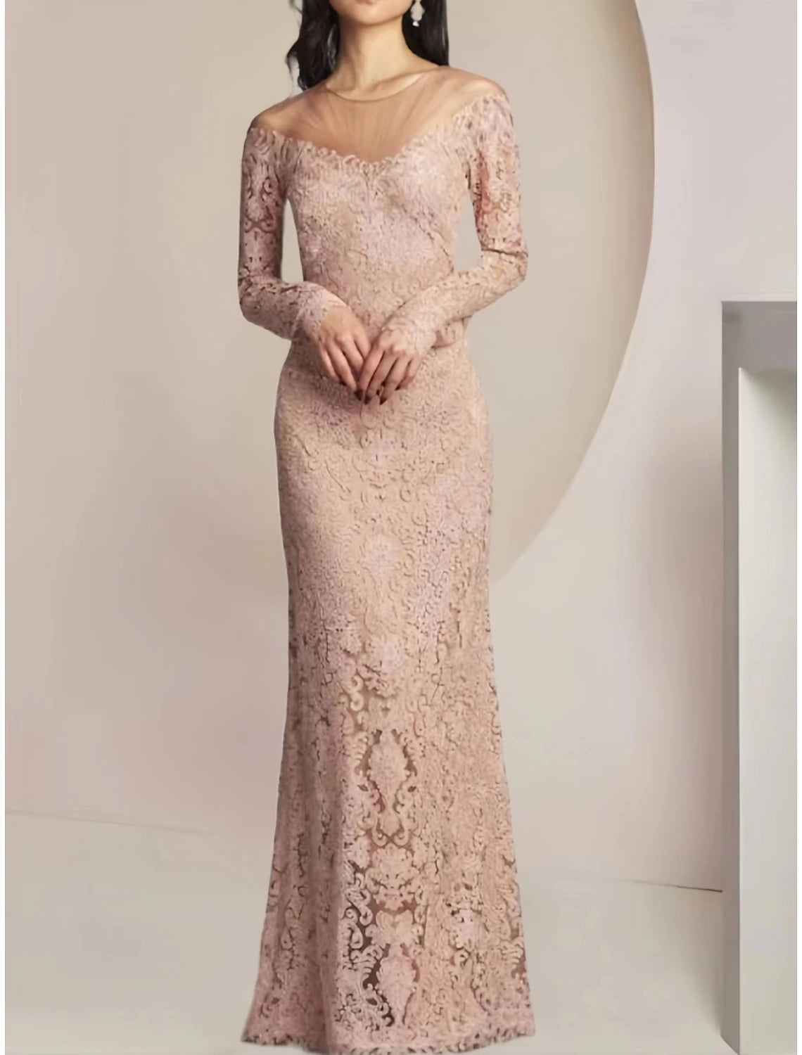 Women's Trendy Garments Sheath / Column Mother of the Bride Dress Wedding Guest Elegant Illusion Neck Floor Length Lace Long Sleeve with Solid Color