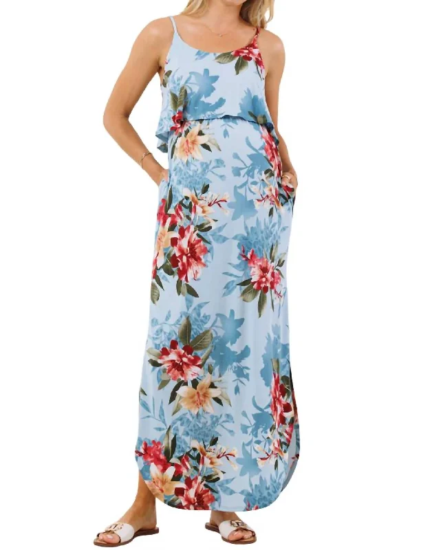 Women's Functional Outfit For Outdoor Activities Floral Overlay Maternity Nursing Dress In Blue