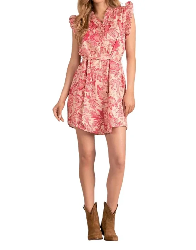 Women's Clothing For Travel Ruffle Sleeve Dress In Pink Leafy Floral