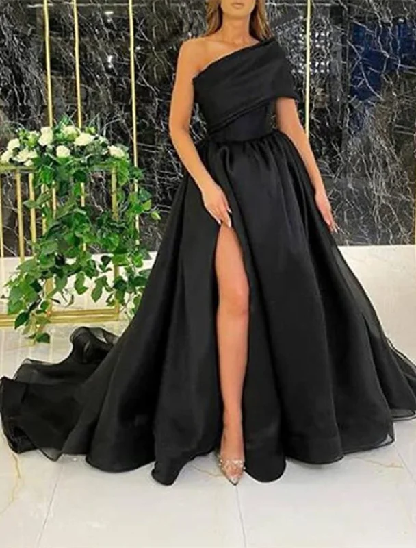 Women's Chic Apparel Ball Gown Evening Gown Celebrity Style Dress Wedding Guest Birthday Court Train Sleeveless One Shoulder Wednesday Addams Family Organza with Slit Pure Color