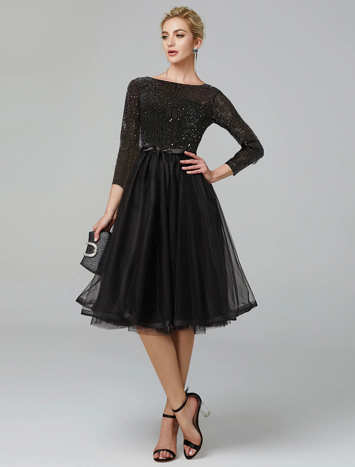 Stylish Clothes For Women A-Line Cocktail Dresses Sparkle & Shine Dress Formal Tea Length 3/4 Length Sleeve Jewel Neck Fall Wedding Guest Tulle with Sequin Strappy