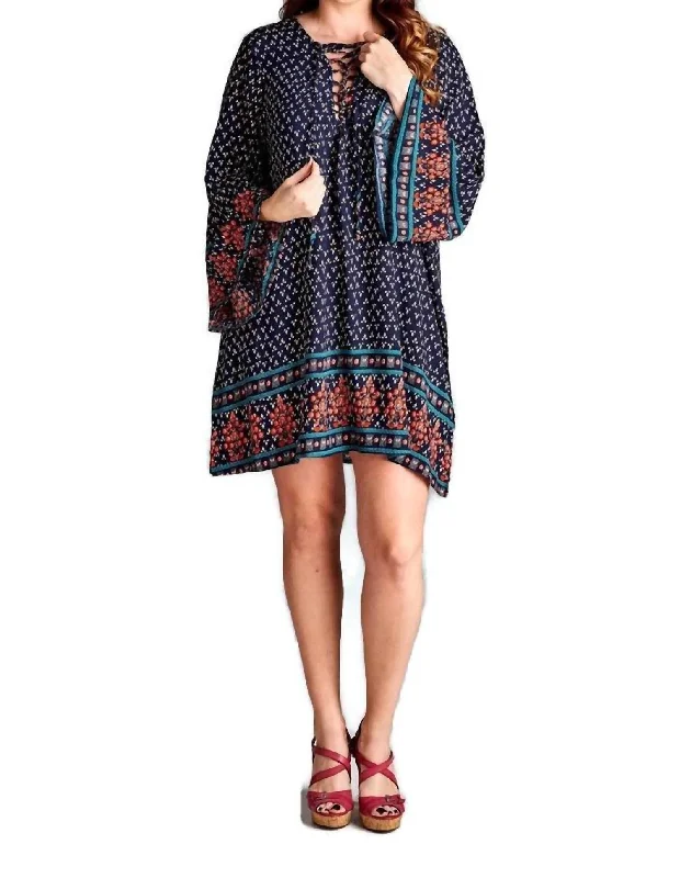 Women's Outerwear Garments Border Print Floral Bohemian Dress In Blue