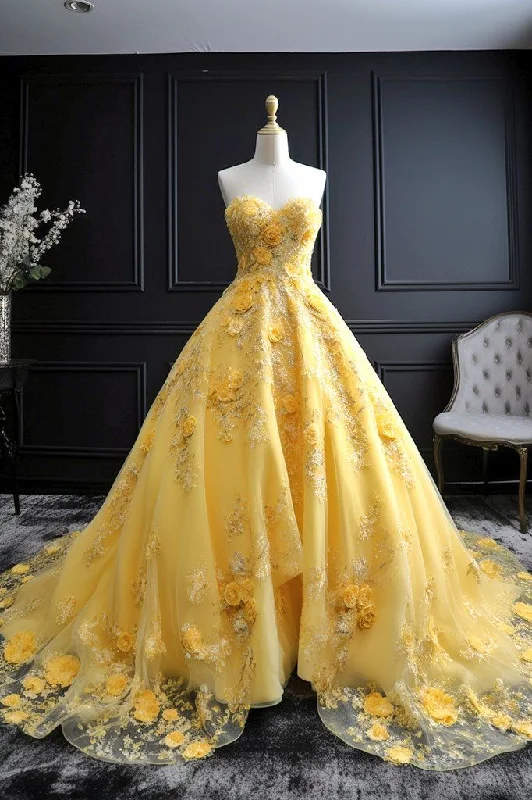 Women's Trendy Garments A-Line Yellow Strapless Wedding Dress Elegant Long Wedding Party Dress     S6613