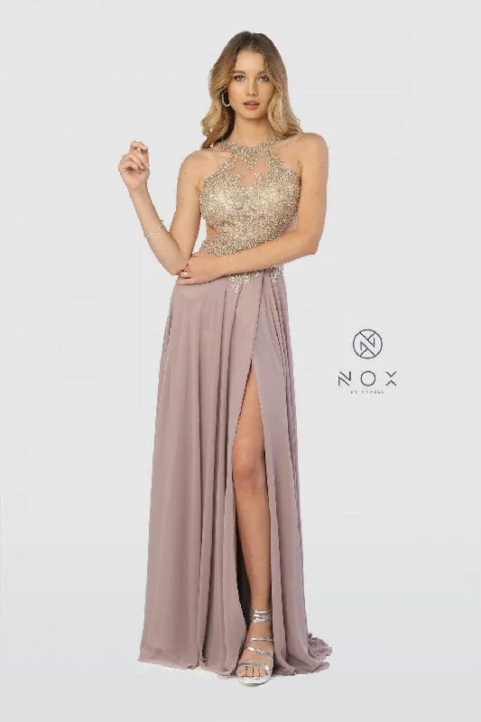 Stylish Women's Outfit Long Evening Gown Open Back Prom Dress Tan Gold Sale