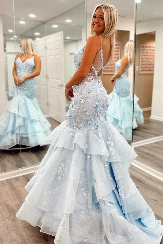 Classic Clothes For Women Light Blue 3D Floral Lace Tiered Trumpet Long Prom Dress