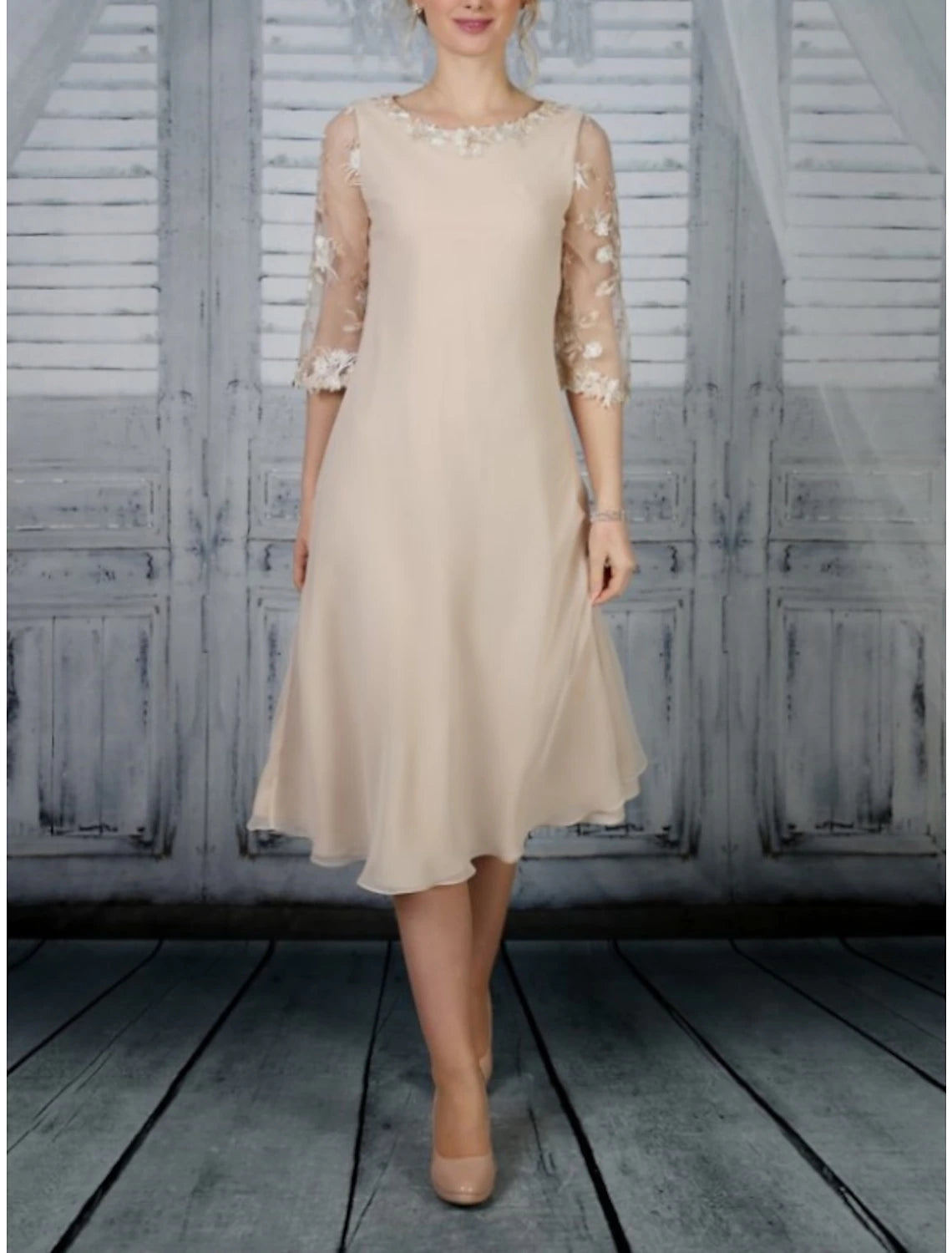 Casual Outfit For Women Sheath / Column Mother of the Bride Dress Wedding Guest Party Elegant Scoop Neck Tea Length Chiffon Lace Half Sleeve with Ruffles Solid Color