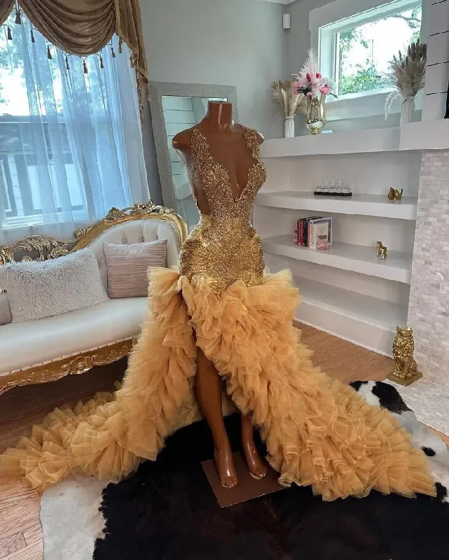 Women's Chic Apparel Gold High Low Black Girl Prom Dress for Women 2024 Sparkly Diamond Crystal Ruffles Skirt Mermaid Wedding Party Gown