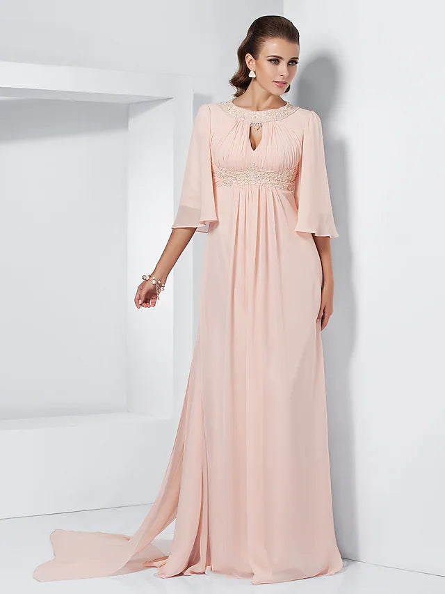 Stylish Clothes For Women A-Line Special Occasion Dresses Elegant Dress Wedding Guest Sweep / Brush Train Half Sleeve Jewel Neck Chiffon with Beading Draping