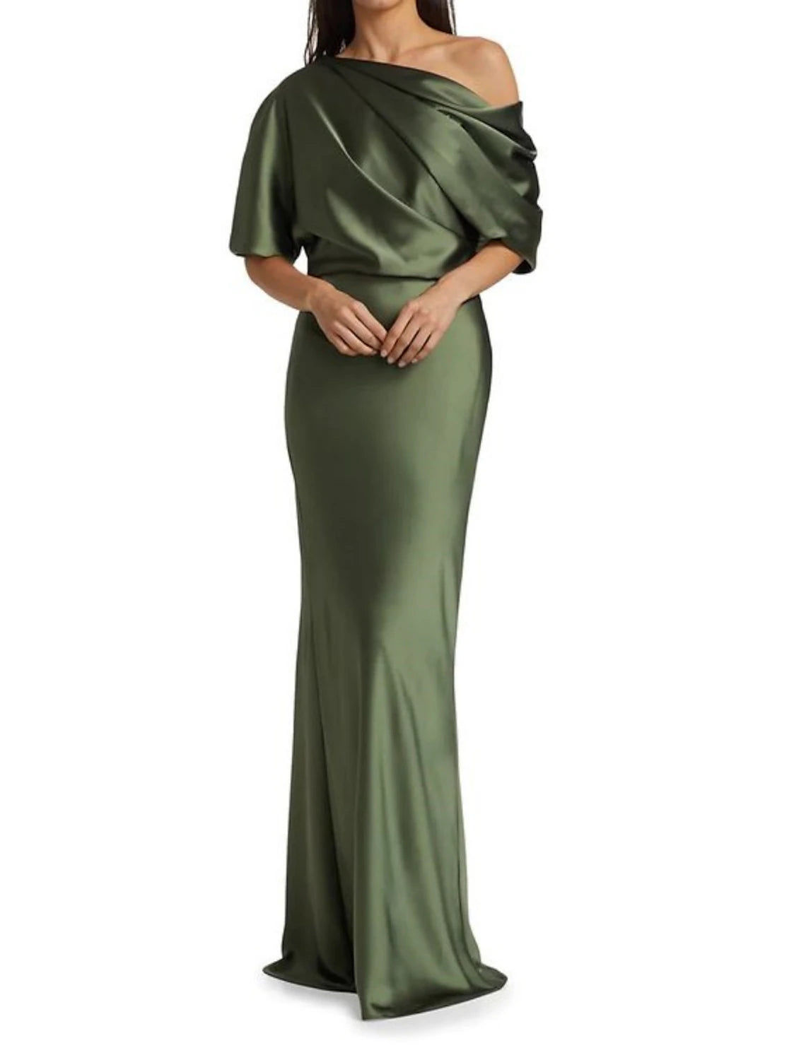 Women's Travel Apparel Sheath / Column Mother of the Bride Dress Fall Wedding Guest Party Elegant Off Shoulder Sweep / Brush Train Satin Half Sleeve with Ruching