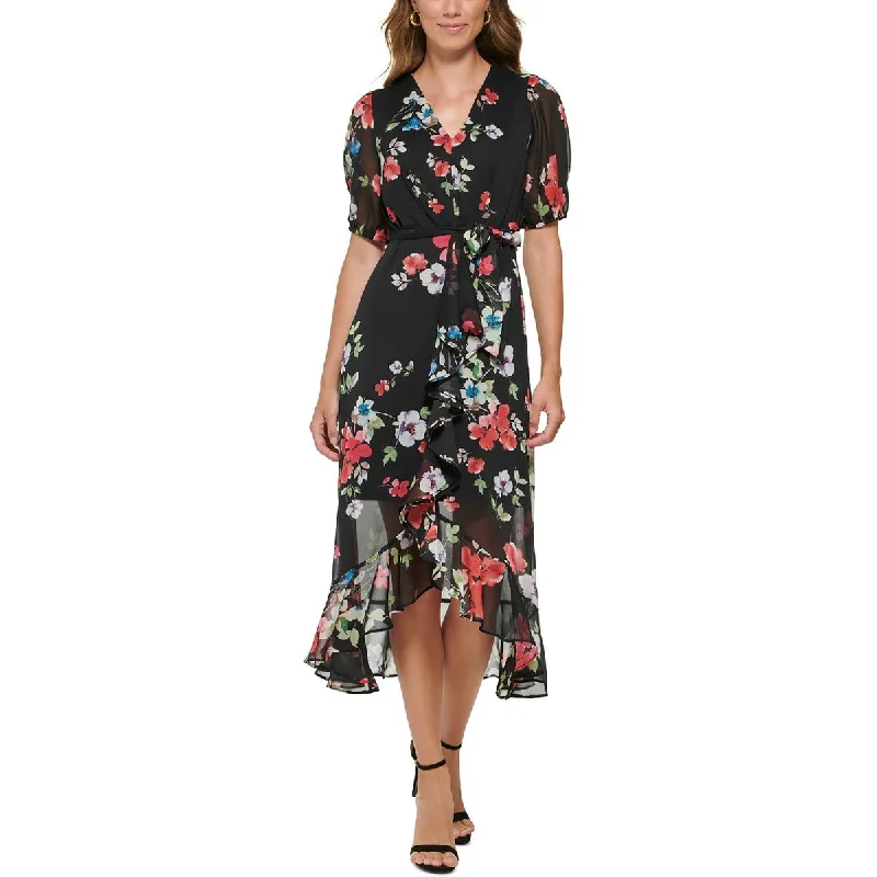 Affordable Luxury Women's Apparel DKNY Womens Petites Floral Hi-Low Midi Dress