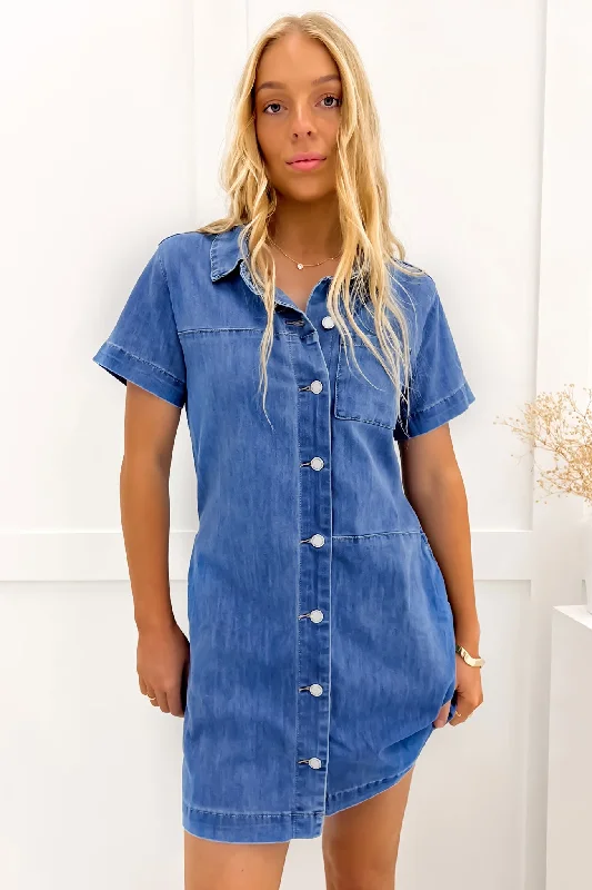 Women's Stylish Outdoor Outfit Joelle Denim Mini Dress Mid Blue