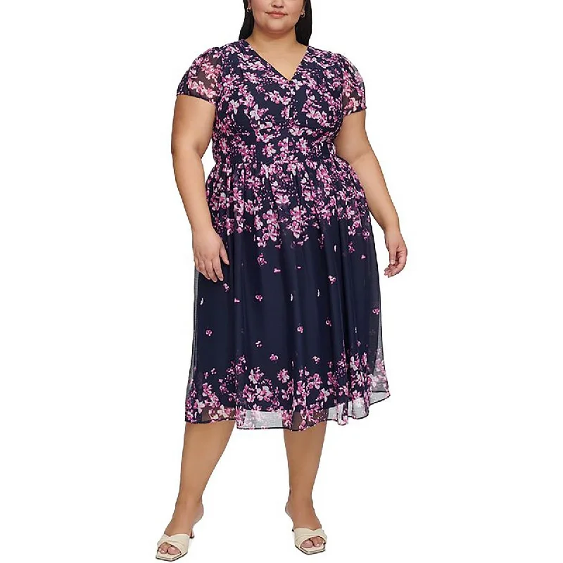 Women's Trendy Attire DKNY Womens Plus Floral Print Mid Calf Sheath Dress