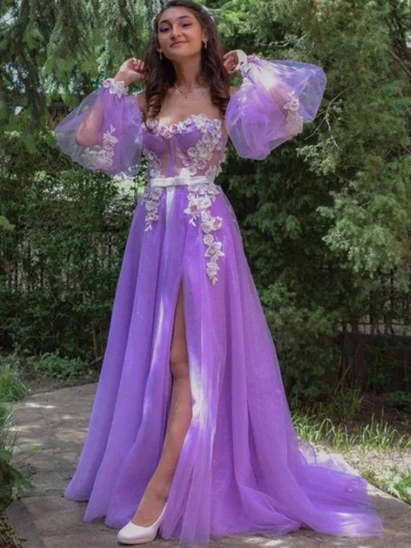 Formal Attire For Women Lilac Floral Corset Top Off-shoulder Long Sleeves Side-slit A-line Long Prom Dress, PD3211