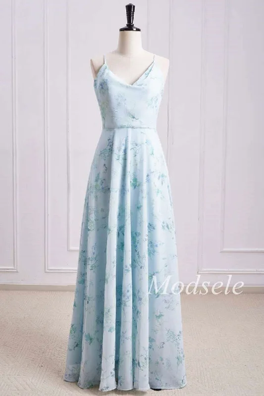 Charming Women's Clothes For Special Events Floral Print Cowl Neck Cross-Back Chiffon Bridesmaid Dress