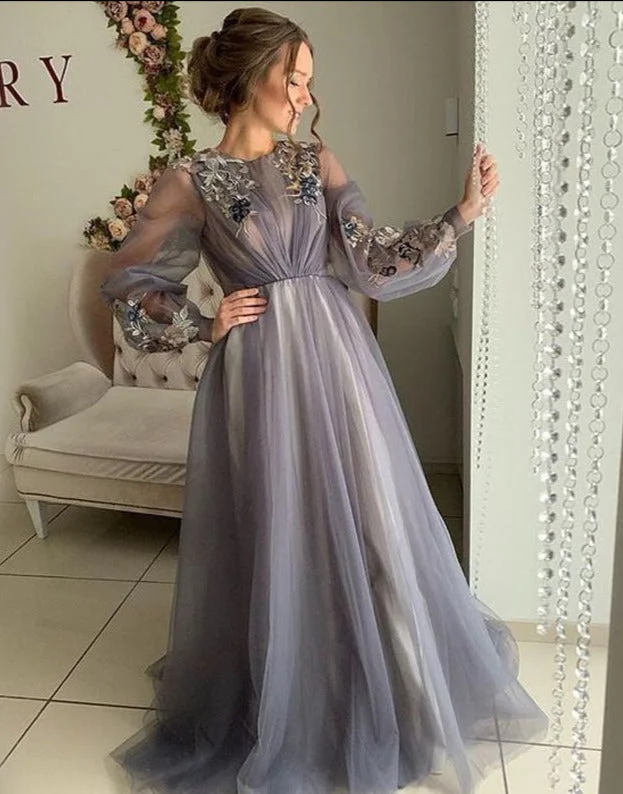 Women's Relaxed Outfit Modest Dusty Blue Long Sleeve Floral Tulle Long Prom Dress, PD1890