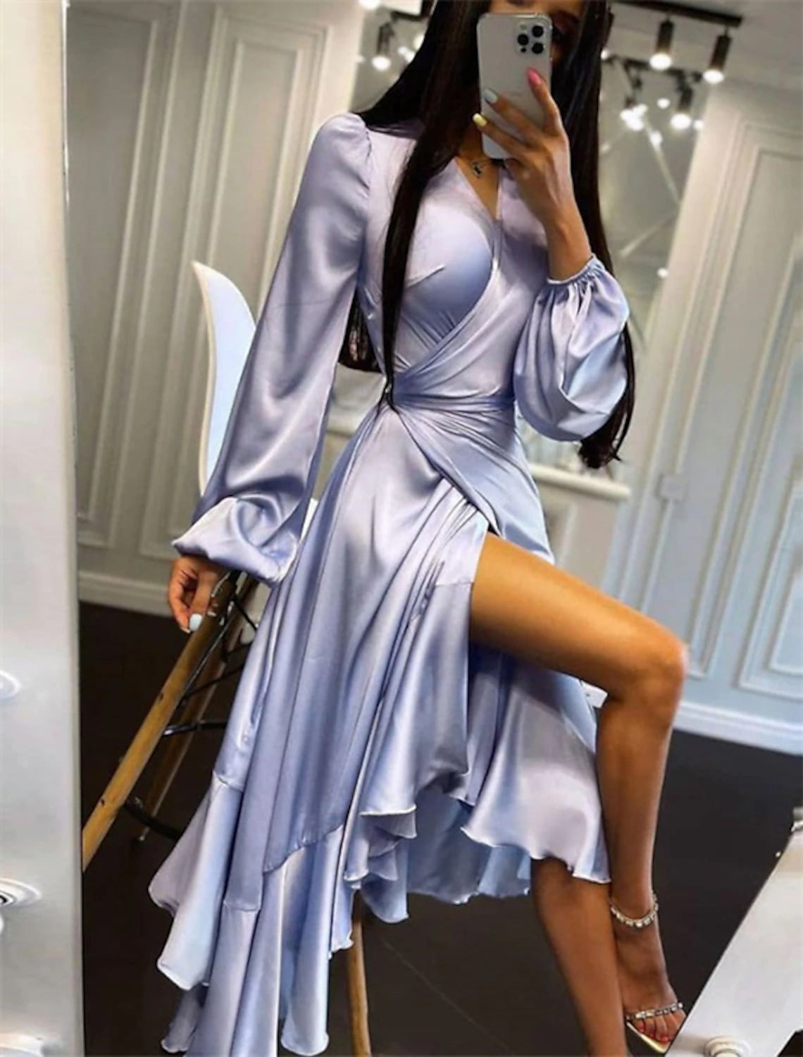 Women's Elegant Clothing Sets A-Line Wedding Guest Dresses High Low Dress Party Wear Semi Formal Asymmetrical Long Sleeve V Neck Satin with Ruffles Pure Color