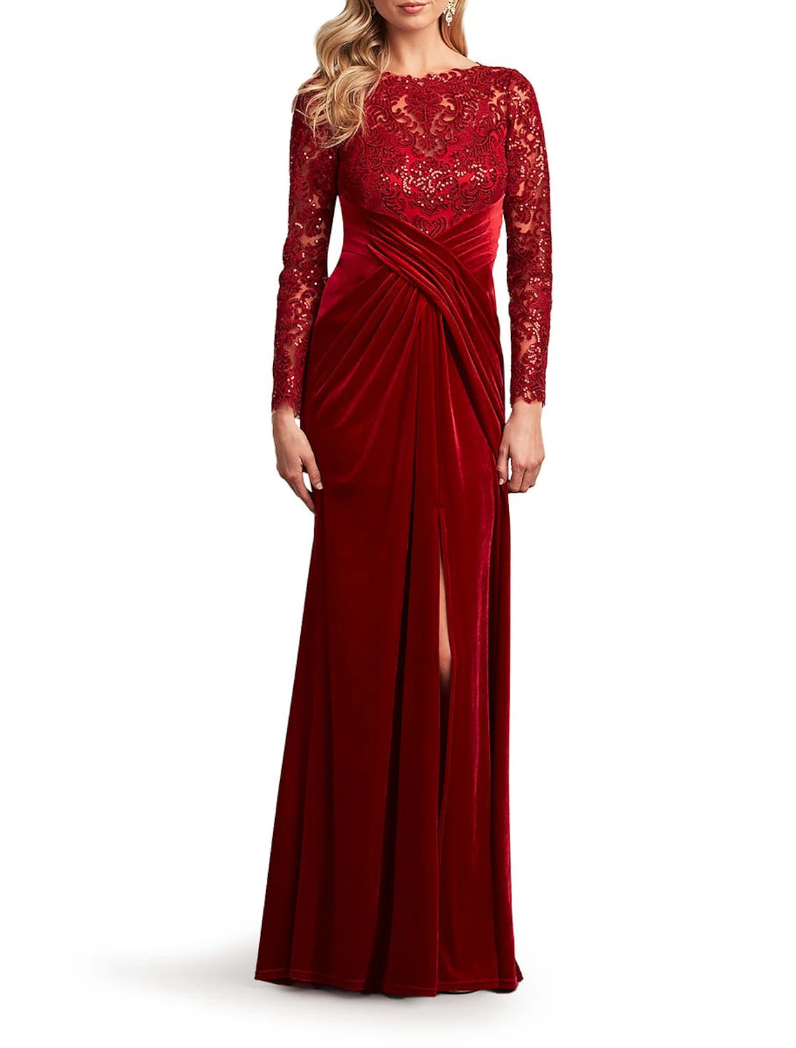 Women's Professional Garments A-Line Mother of the Bride Dress Formal Wedding Guest Party Elegant Scoop Neck Floor Length Lace Sequined Velvet Long Sleeve with Ruched Appliques