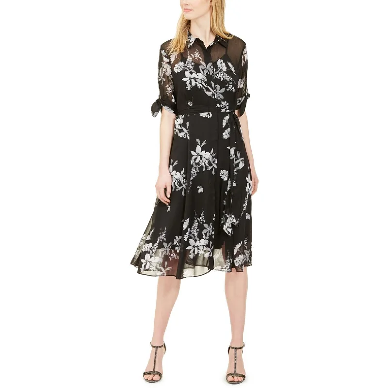 Women's Outerwear Apparel Calvin Klein Womens Floral Long Shirtdress