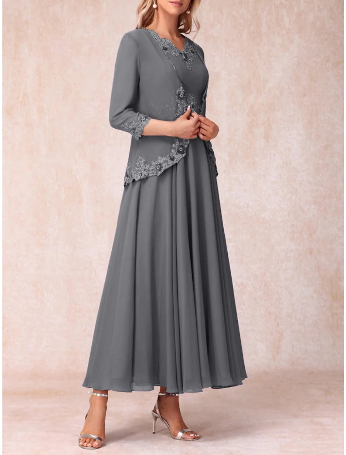 Women's High-End Clothing A-Line Mother of the Bride Dress Wedding Guest Elegant V Neck Ankle Length Chiffon 3/4 Length Sleeve with Lace Ruching Solid Color