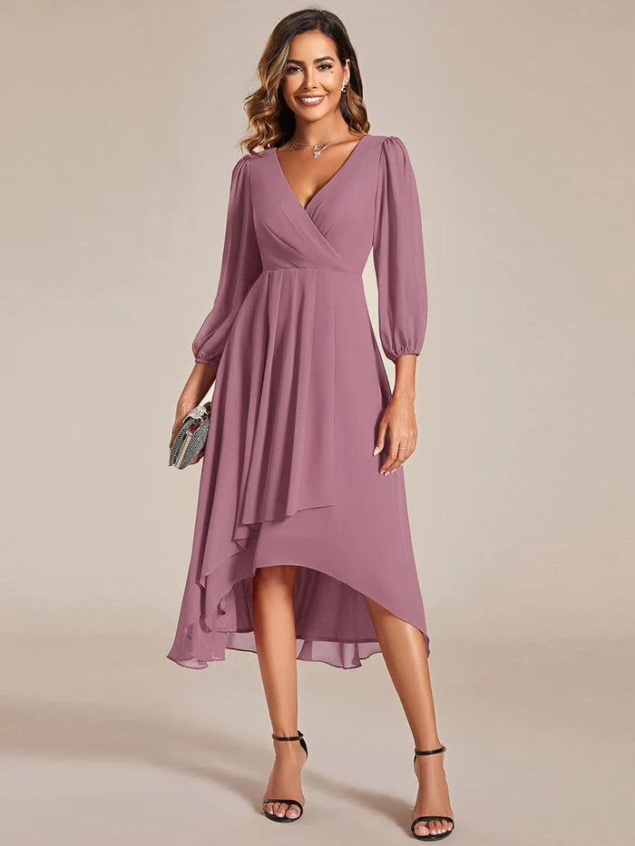 Women's Seasonal Garments Chiffon Long Sleeve V-Neck High-Low Wedding Guest Dress