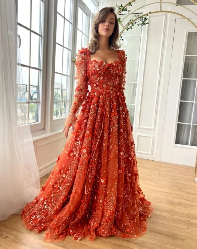 Sustainable Fashion Clothing For Women Customize Red 3D Flowers Lace robes de soirée Long Sleeves Backless Strapless Prom Dresses Floor-Length Wedding Dress