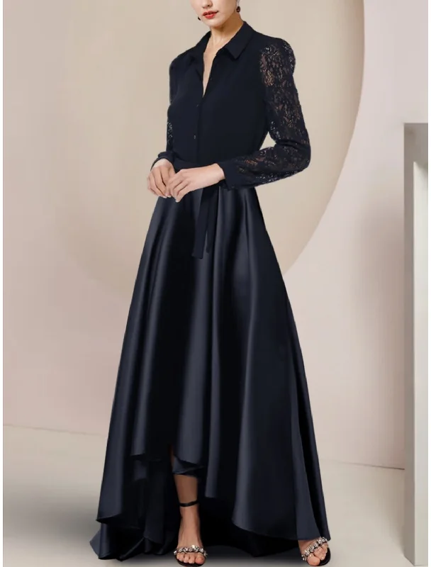 Women's Attire A-Line Mother of the Bride Dress Wedding Guest Party Elegant Shirt Collar Asymmetrical Floor Length Satin Long Sleeve with Lace Bow(s) Ruching