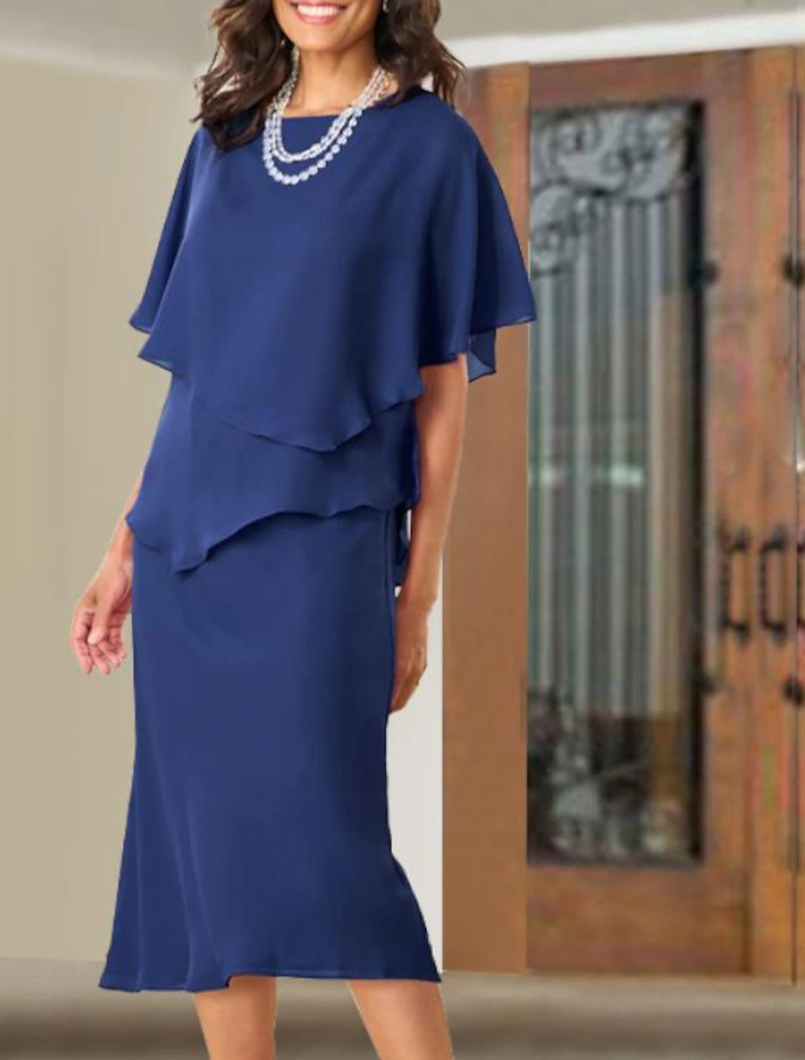 Women's Professional Attire A-Line Mother of the Bride Dress Wedding Guest Plus Size Elegant Jewel Neck Tea Length Chiffon Short Sleeve with Ruffles Fall