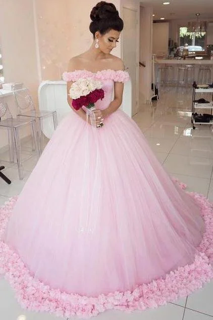 Fashionable Women's Casual Apparel Ball Gown Off shoulder Pink Tulle Wedding Quinceanera Dresses With Flowers