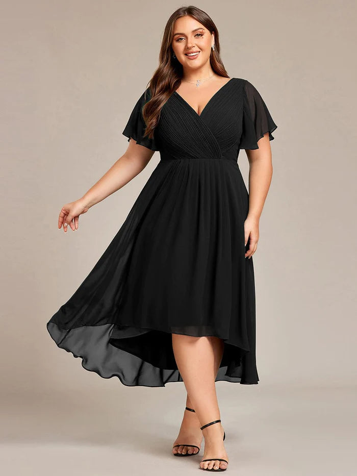 Modern Women's Clothes Plus Size Double V-Neck Ruffles Sleeve Chiffon Midi Wedding Guest Dress