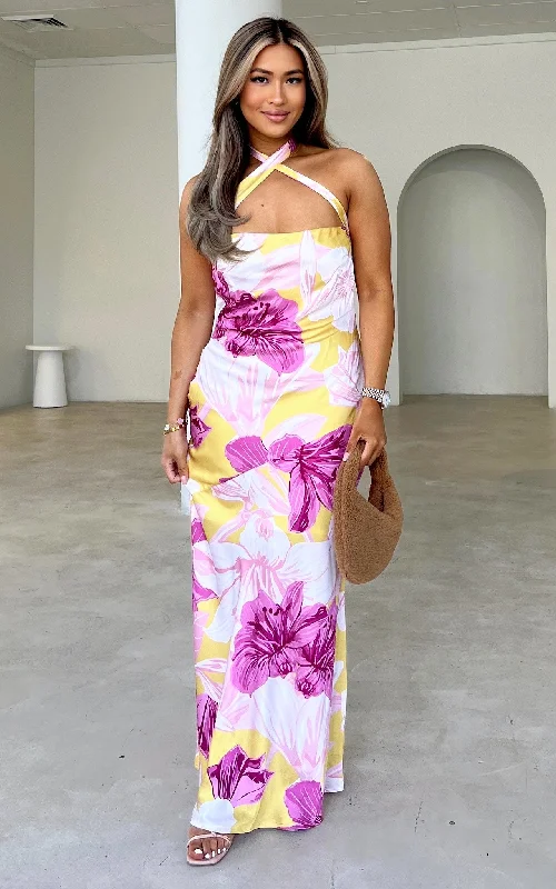 Women's Comfortable Lounge Attire Laguna Maxi Dress - Yellow Pink Floral