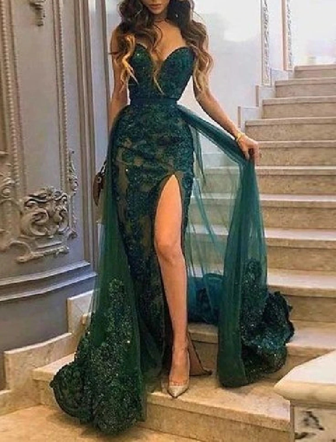 Women's Elegant Evening Outfit Mermaid Prom Dresses Emerald Green Dress Christmas Wedding Guest Court Train Sleeveless Strapless Tulle