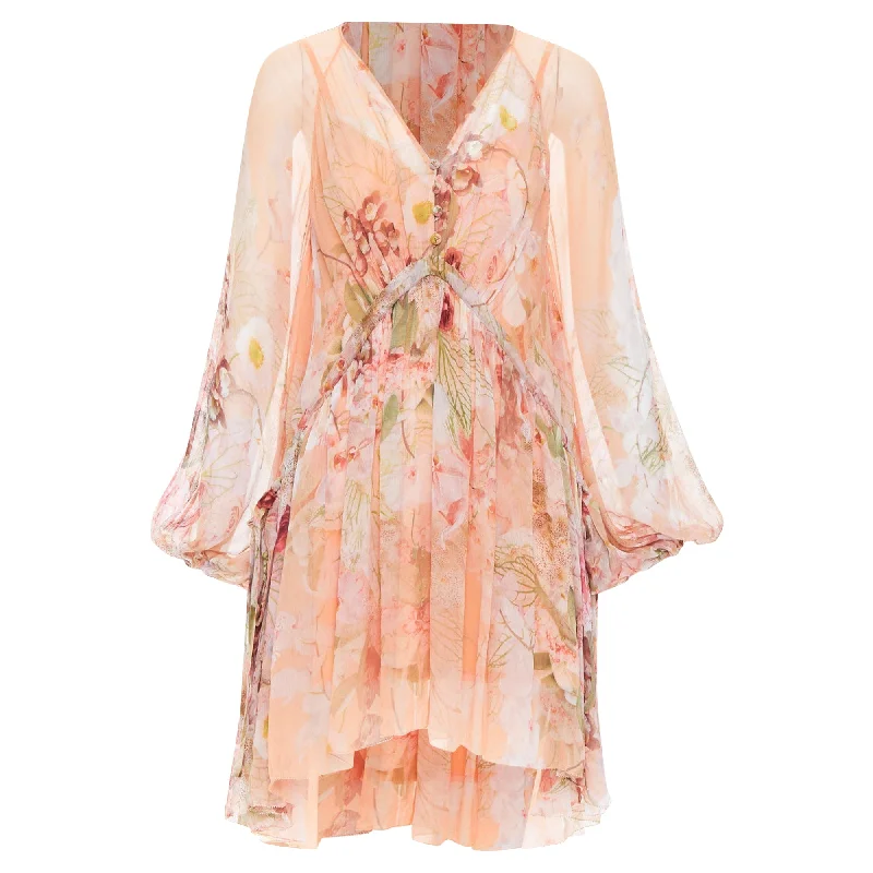 Women's Contemporary Apparel Zimmermann Dancer Blush Garden Floral Print Ruched Puff Sleeves Dress