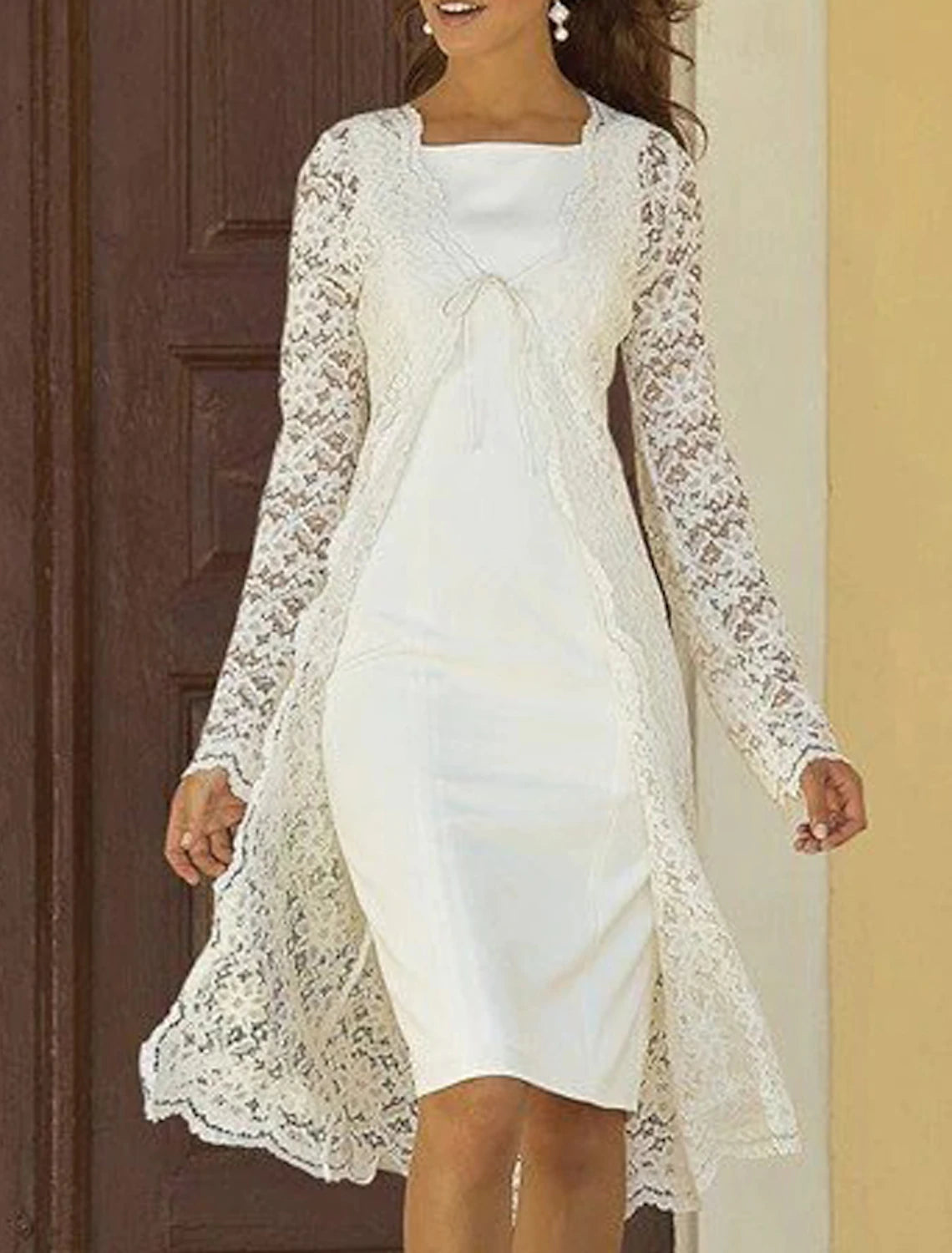 Women's Sports Apparel Two Piece Sheath / Column Mother of the Bride Dress Fall Wedding Guest Dresses Church Elegant Square Neck Knee Length Chiffon Lace Sleeveless Jacket Dresses with Solid Color