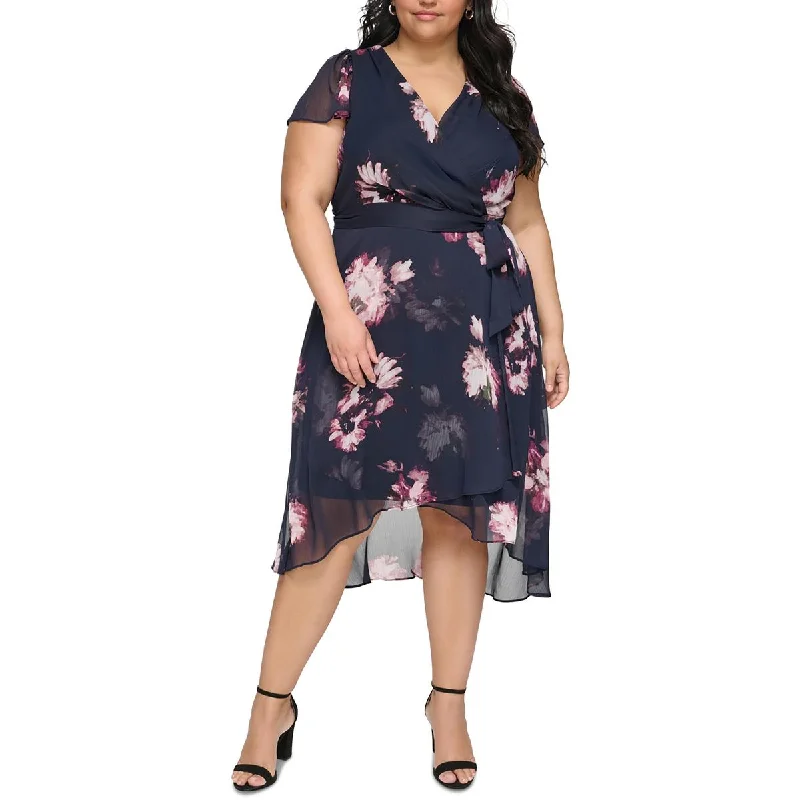 Women's Luxury Attire DKNY Womens Plus Midi Floral Print Wrap Dress