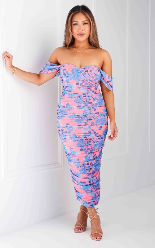 Women's Activewear Garments Jalvina Mesh Midi Dress - Pink Blue Floral