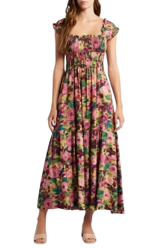 Women's Formal Event Attire Floral Maxi Dress In Olive/plum