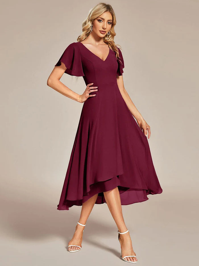 Women's Transitional Attire High Low Chiffon Wedding Guest Dress with V-Neck and Ruffle Sleeves