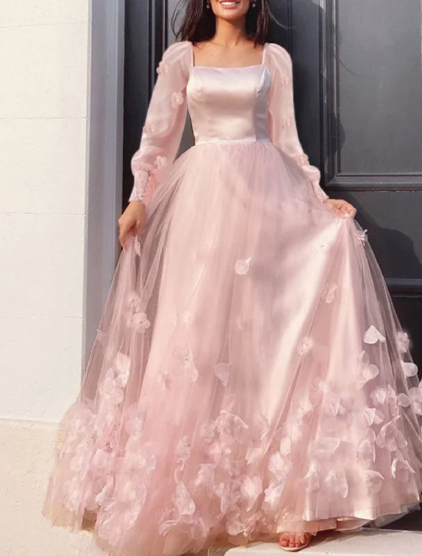 Women's Casual Wear Outfit A-Line Prom Dresses Maxi Dress Wedding Guest Sweet 16 Floor Length Long Sleeve Scoop Neck Tulle